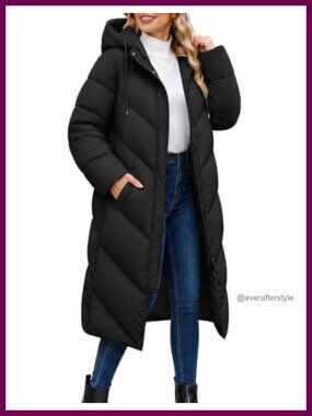 Women's Long Puffer Coat Hooded Chevron Quilted Maxi Winter Jacket